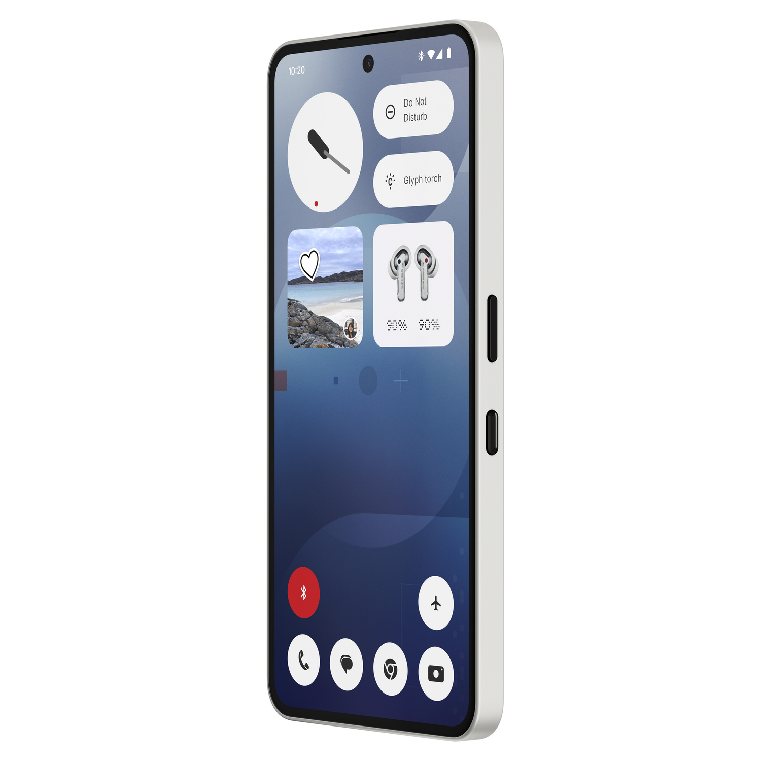 Un smartphone blanco con una pantalla que muestra iconos de aplicaciones. Tiene una cámara en la parte trasera.