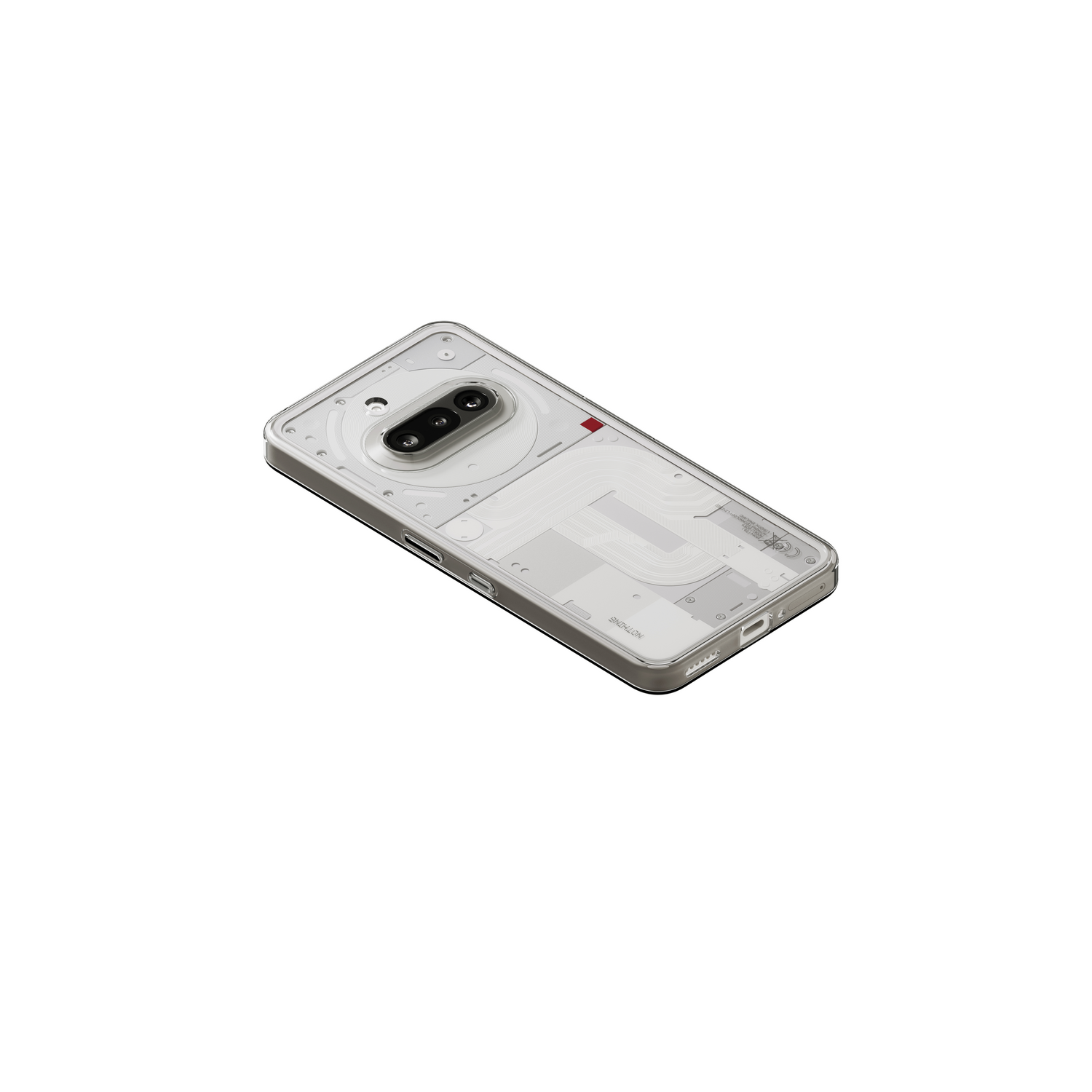 Un teléfono inteligente Nothing Phone (2a) transparente con sus componentes internos visibles.