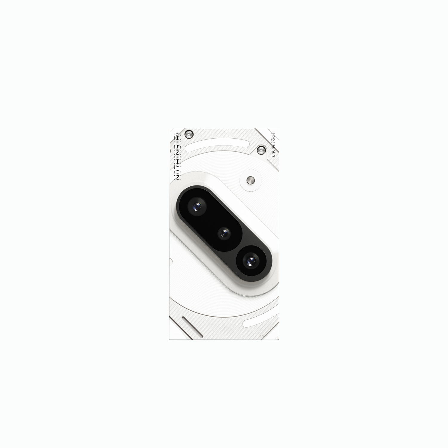 Parte trasera de un smartphone blanco con dos cámaras en un óvalo negro. Texto: NOTHING PHONE (2).