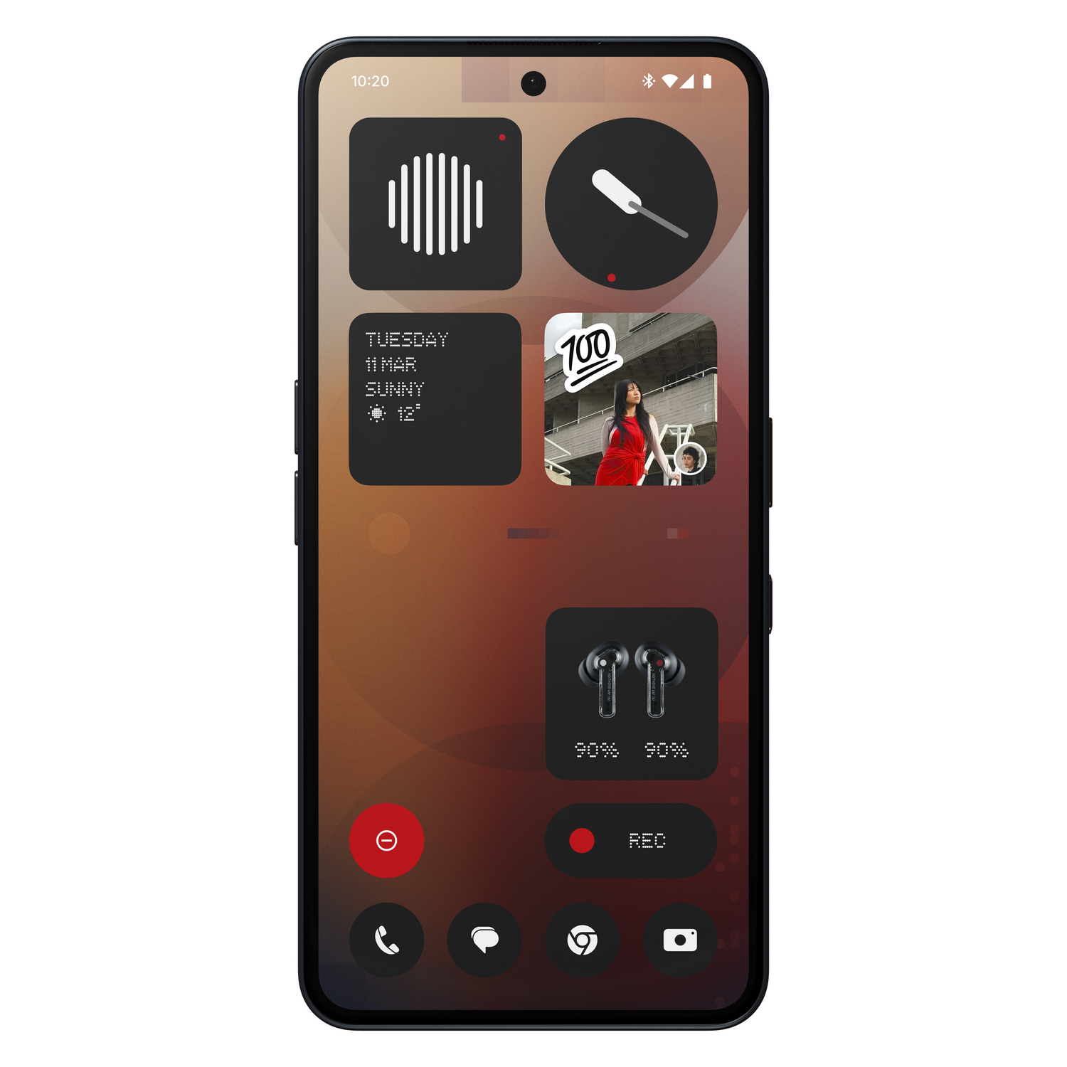 Un smartphone que muestra una interfaz personalizada. Tiene widgets para la hora, el clima e iconos de aplicaciones.