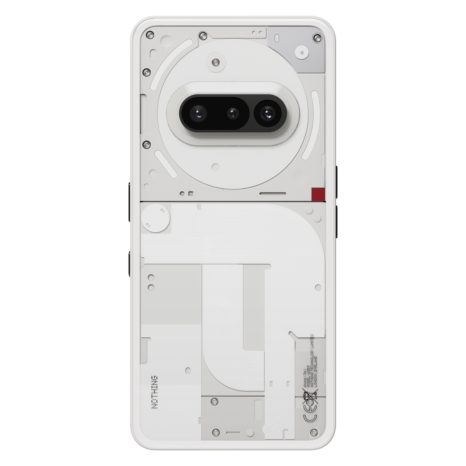 Una parte trasera de teléfono blanca con cámara, con una funda transparente. Se muestra una marca de verificación y una X.