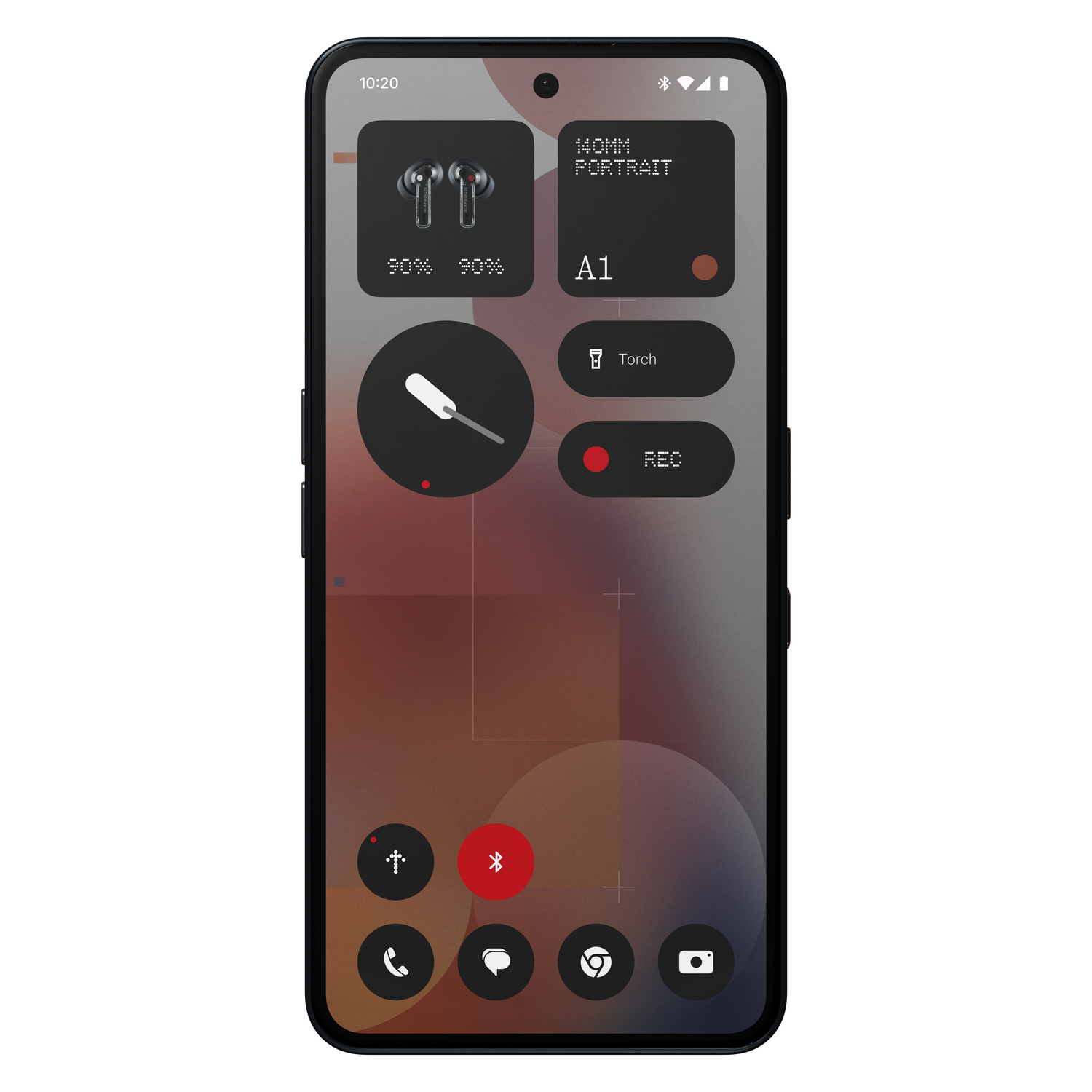 Pantalla de smartphone negra que muestra una interfaz personalizada con widgets.