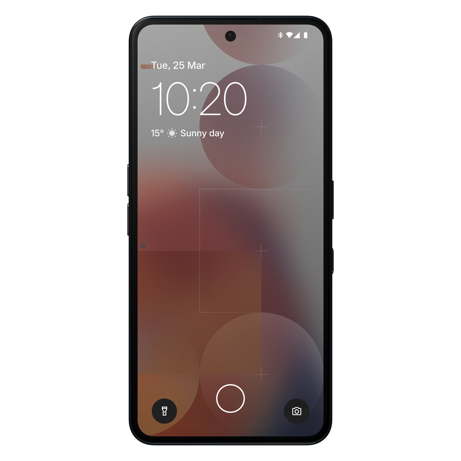 Smartphone con borde negro, que muestra un fondo nublado, fondo blanco.