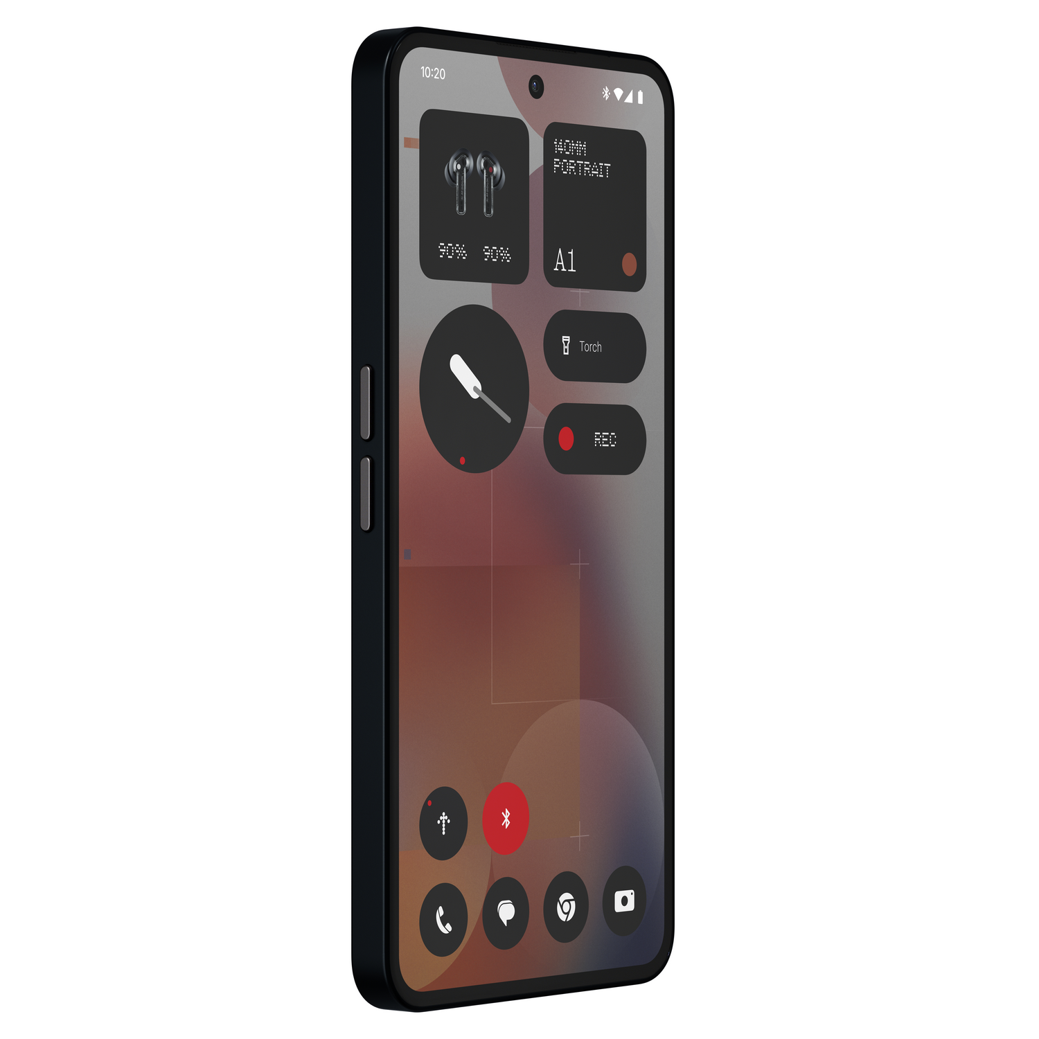 Una pantalla de smartphone negra que muestra una interfaz personalizada con widgets.
