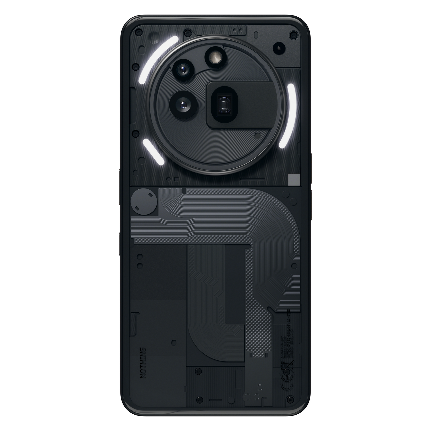 Parte trasera de teléfono negro con lentes de cámara y una parte trasera transparente que muestra componentes internos. La marca 'Nothing' es visible.