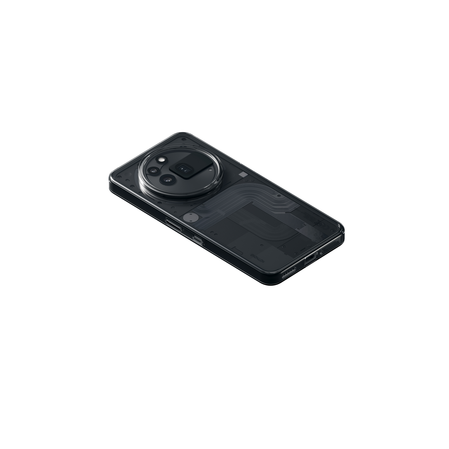 Teléfono inteligente negro con parte trasera transparente, cámara y fondo blanco.