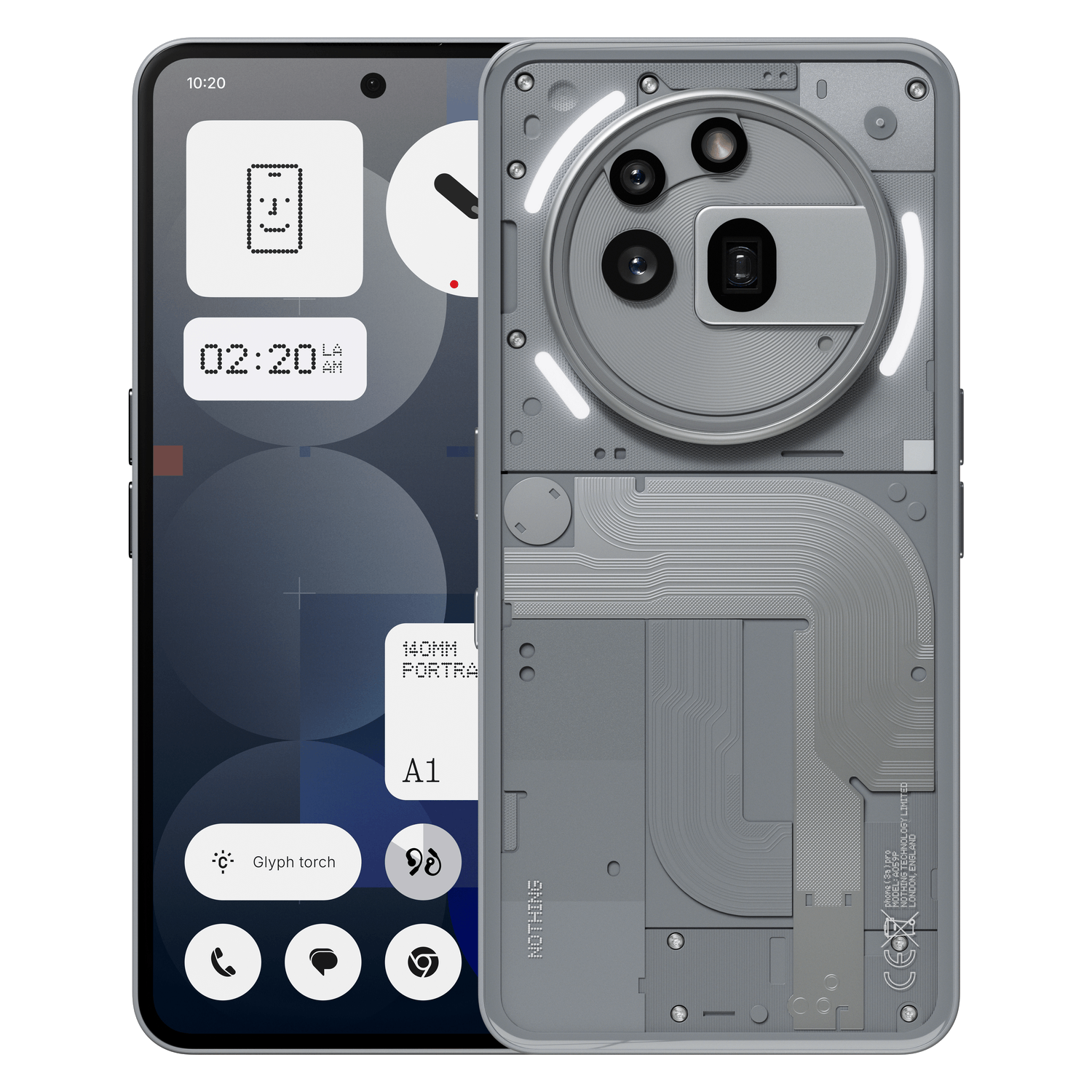 Un smartphone con la parte trasera transparente que muestra componentes internos, pantalla frontal encendida.