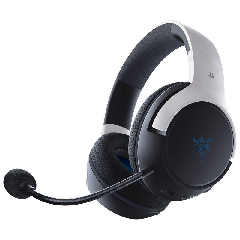 Auriculares gaming blancos y negros con micrófono. Logotipo Razer en la copa.