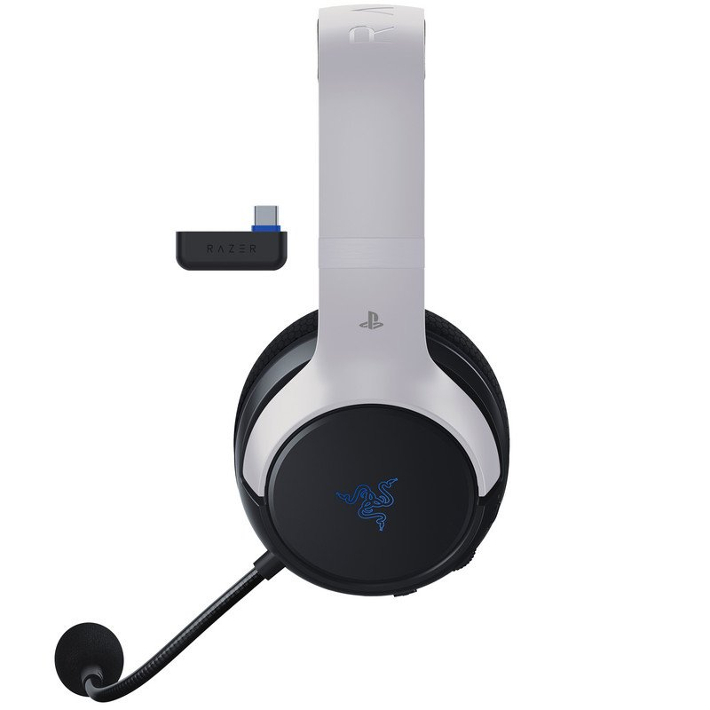 Auriculares para juegos Razer blancos y negros con micrófono y receptor USB.
