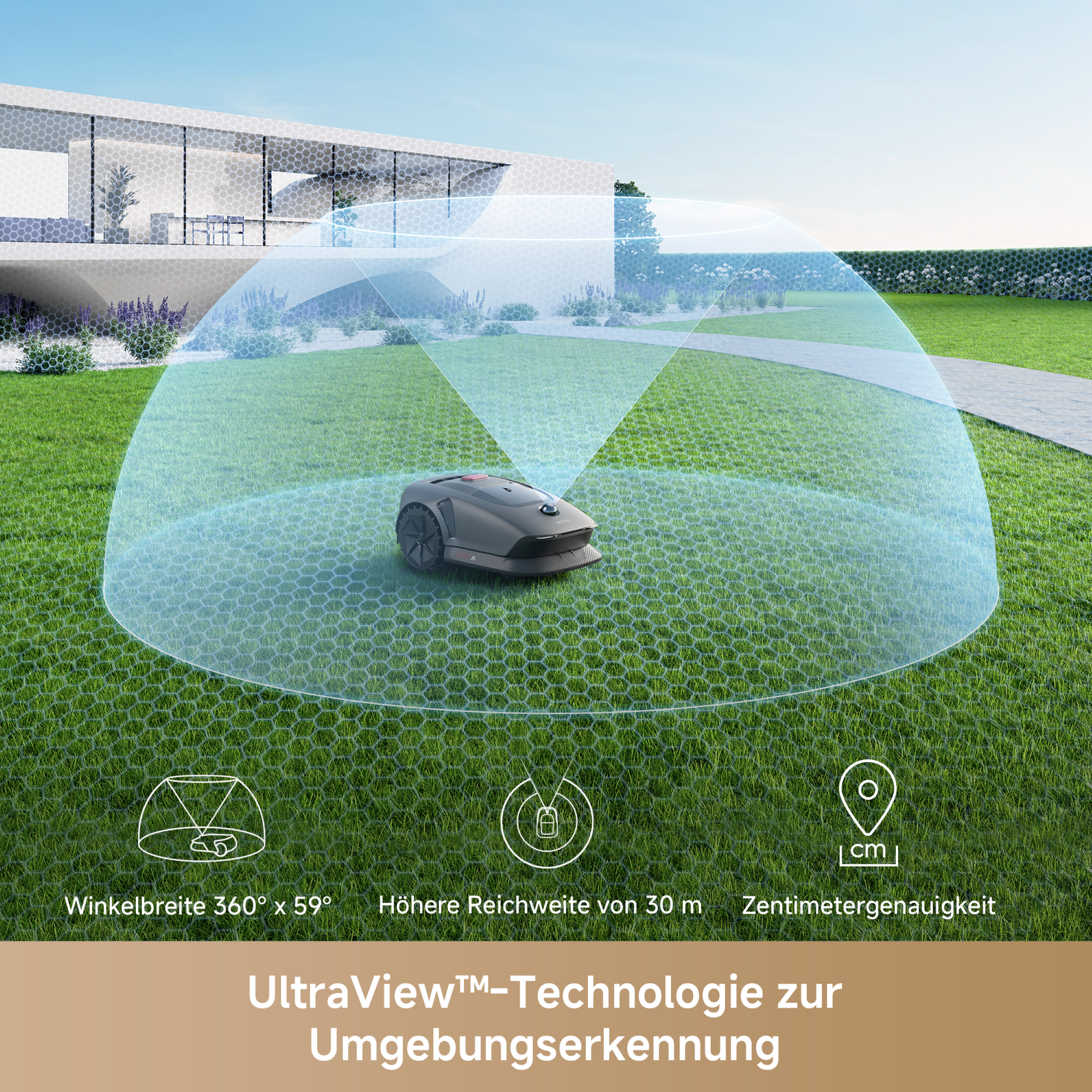 Robot-Rasenmäher auf Gras, umgeben von blauem Abdeckungsbereich und Datendisplay.