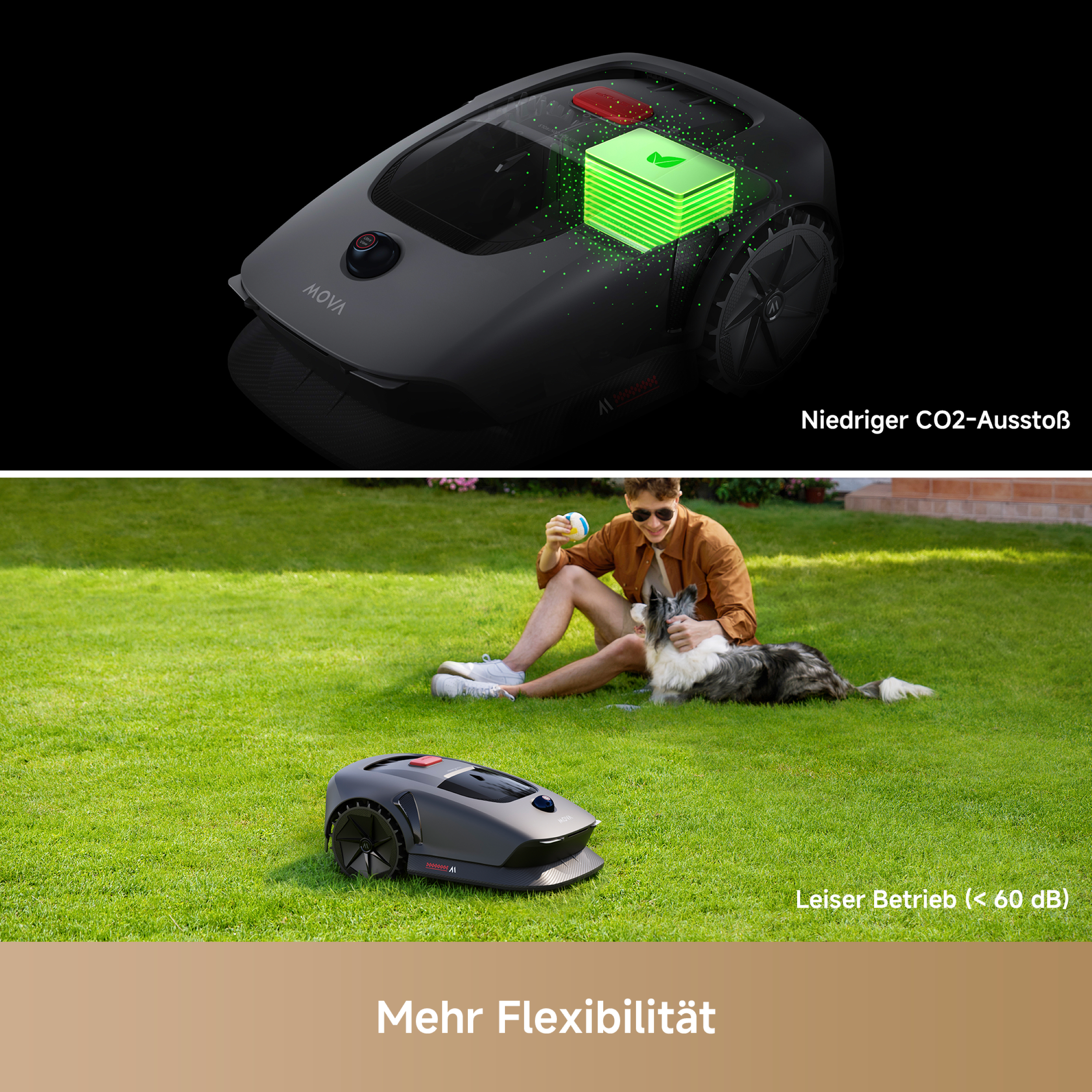 Ein Roboter-Rasenmäher auf grünem Gras und eine Person mit einem Hund.