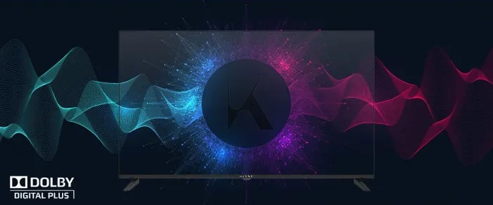 Telewizor na stojaku. Ekran wyświetla kolorowe fale. Tło jest czarne.