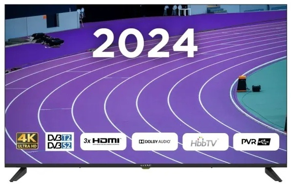 Duży ekran telewizora wyświetlający 2024 z torem sportowym.