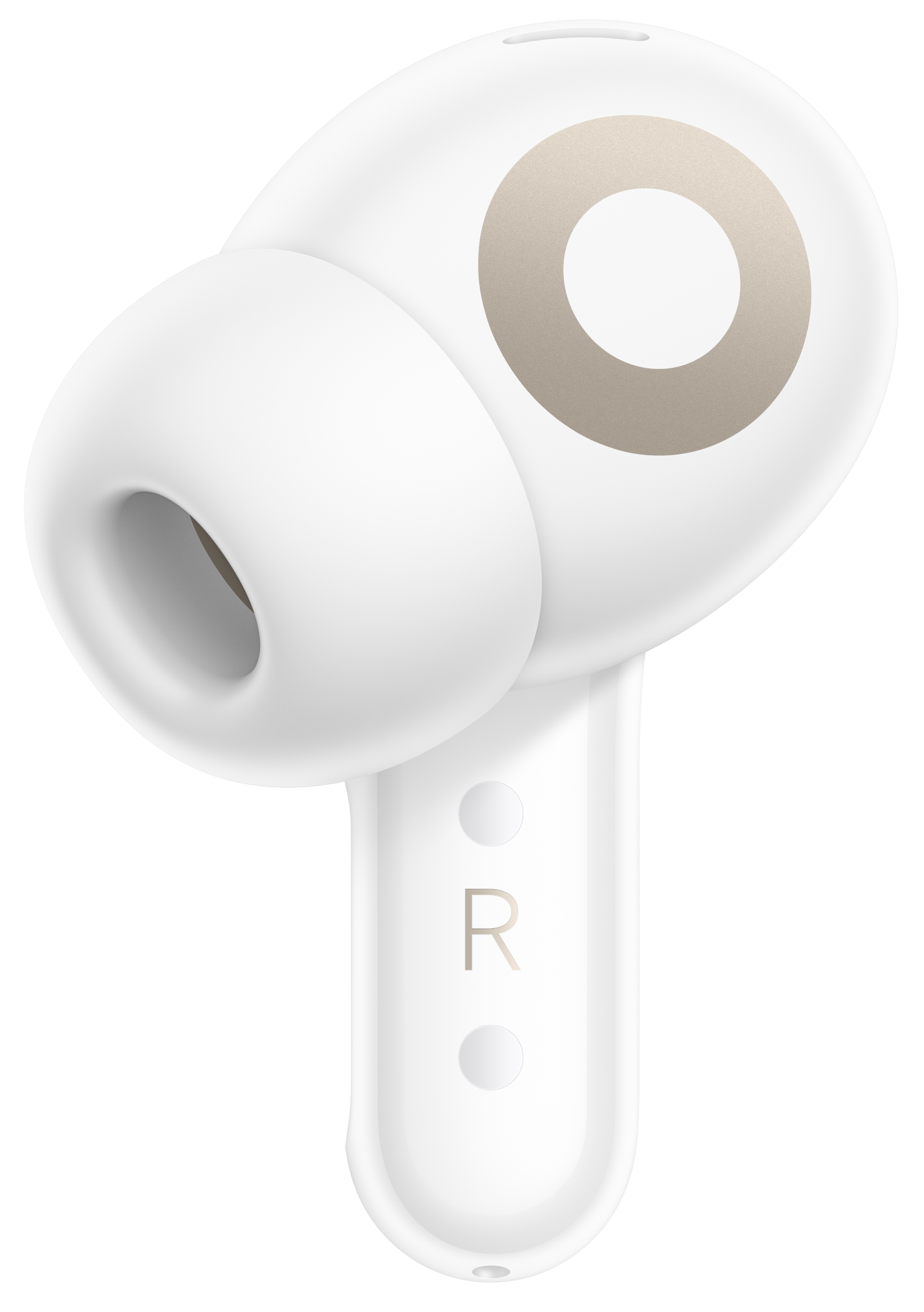 Biała słuchawka z złotymi akcentami, pokazująca literę 'R'.