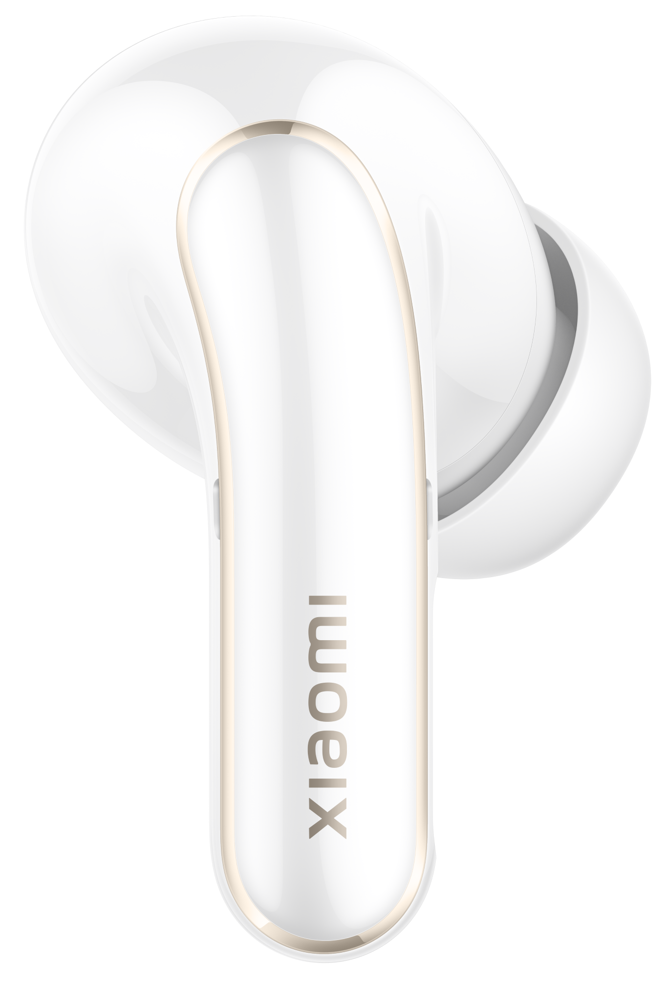 Zbliżenie białej bezprzewodowej słuchawki z napisem 'xiaomi' z boku.