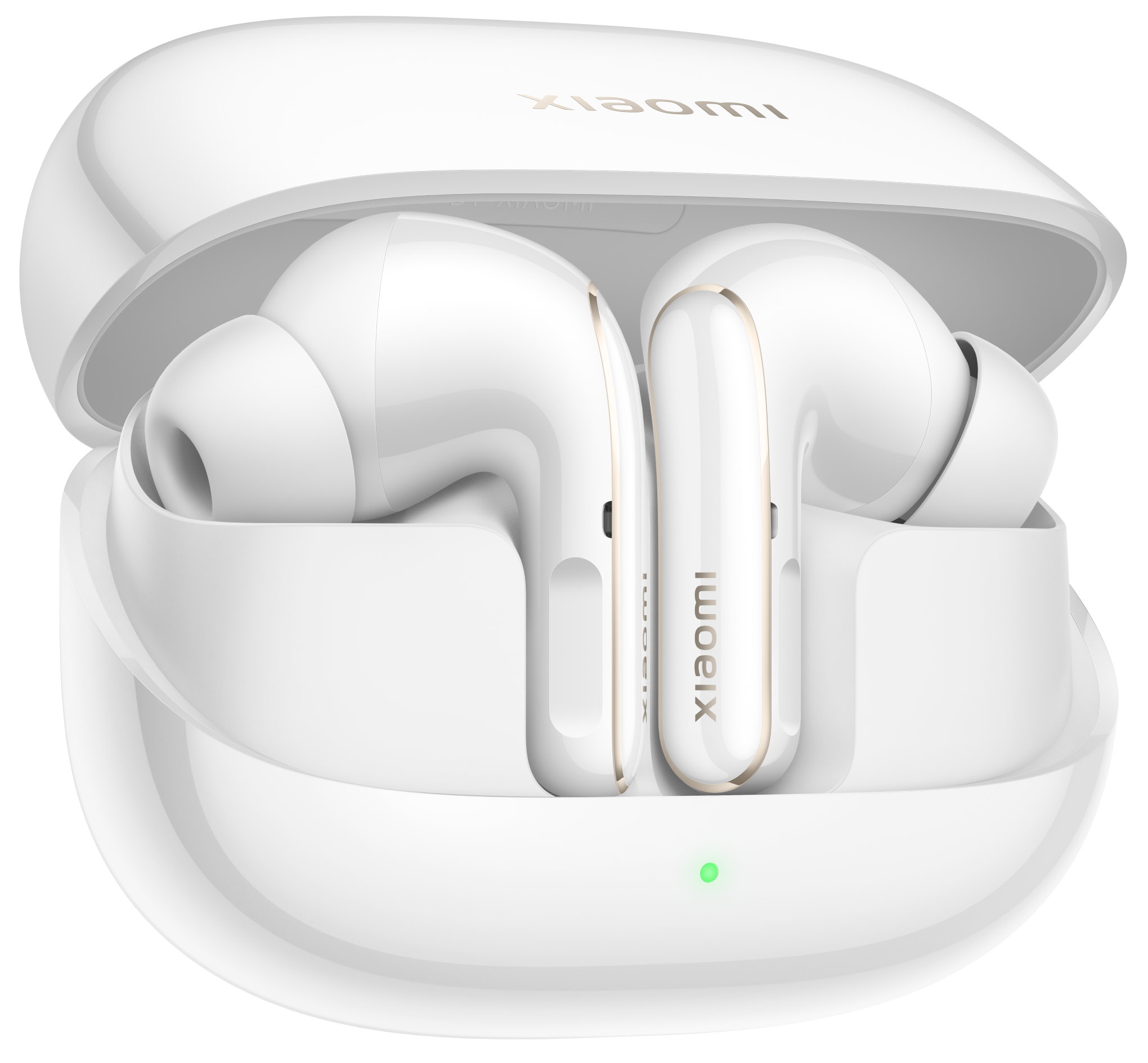 Białe słuchawki Xiaomi w otwartym etui. Widoczny jest prawy pączek. Etui jest na białym tle.