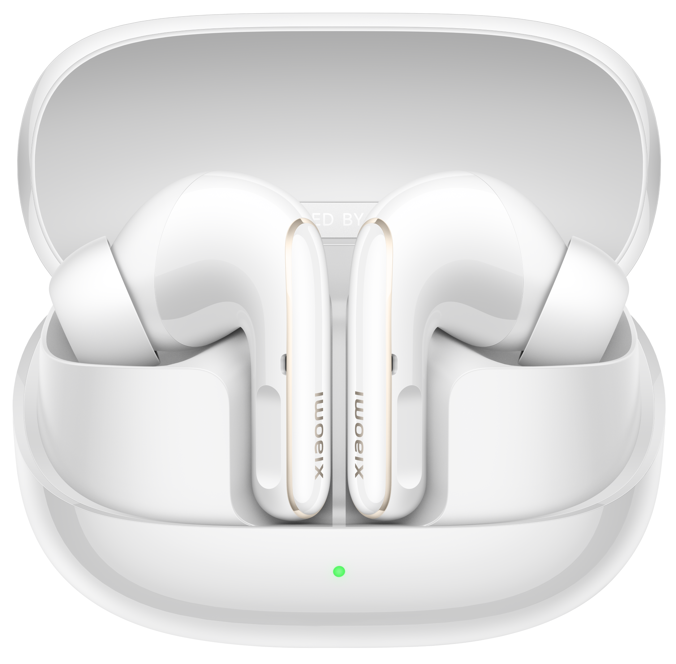 Białe słuchawki bezprzewodowe w etui ładującym na czarnym tle.