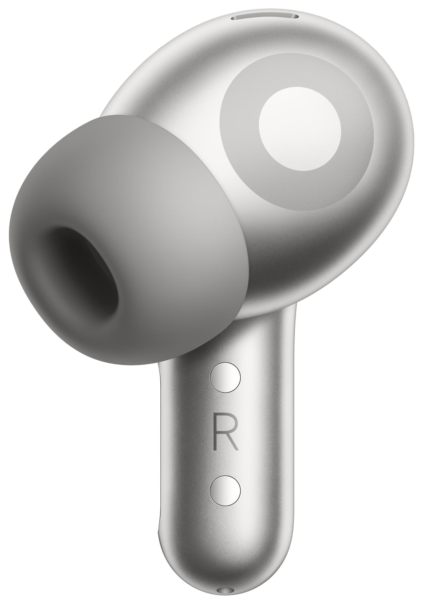 Srebrna bezprzewodowa słuchawka, widok z prawej strony. Słuchawka ma zaokrąglony kształt.