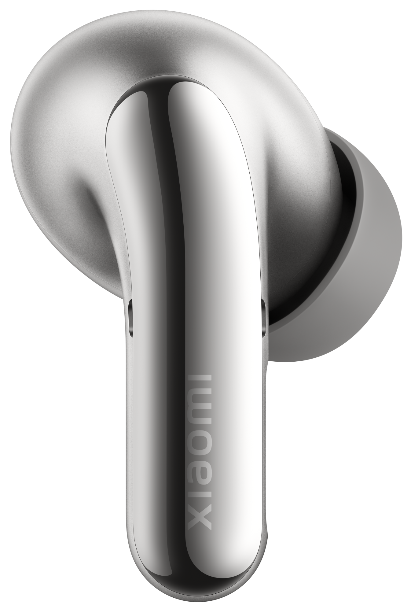 Srebrne słuchawki Xiaomi, zbliżenie na czarnym tle.