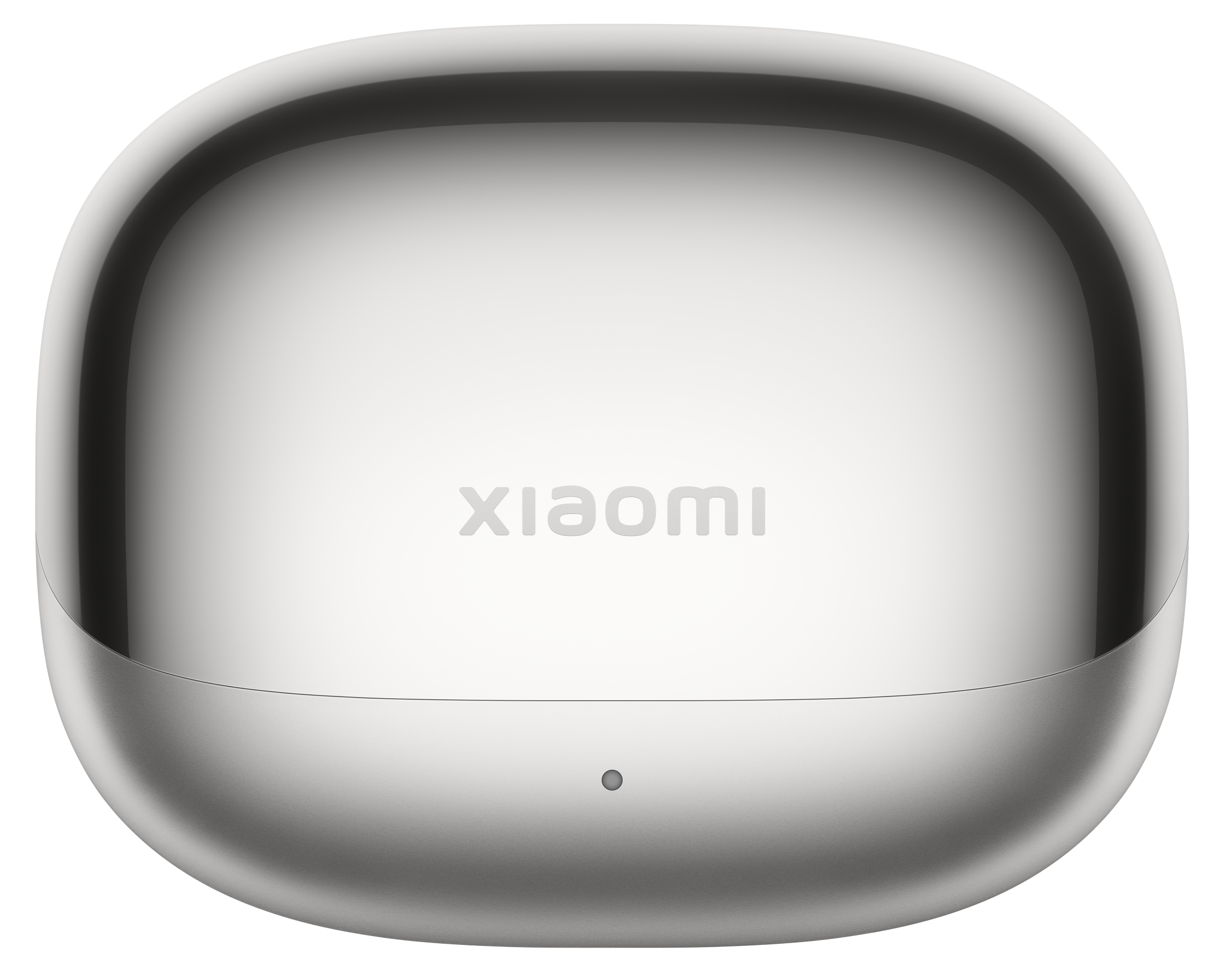 Białe, zaokrąglone etui ładujące do słuchawek, z logo Xiaomi.