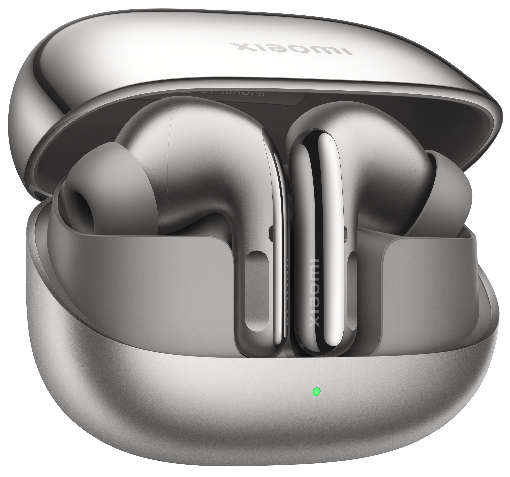 Srebrne słuchawki Xiaomi w otwartym srebrnym etui. Zielone światło na etui.