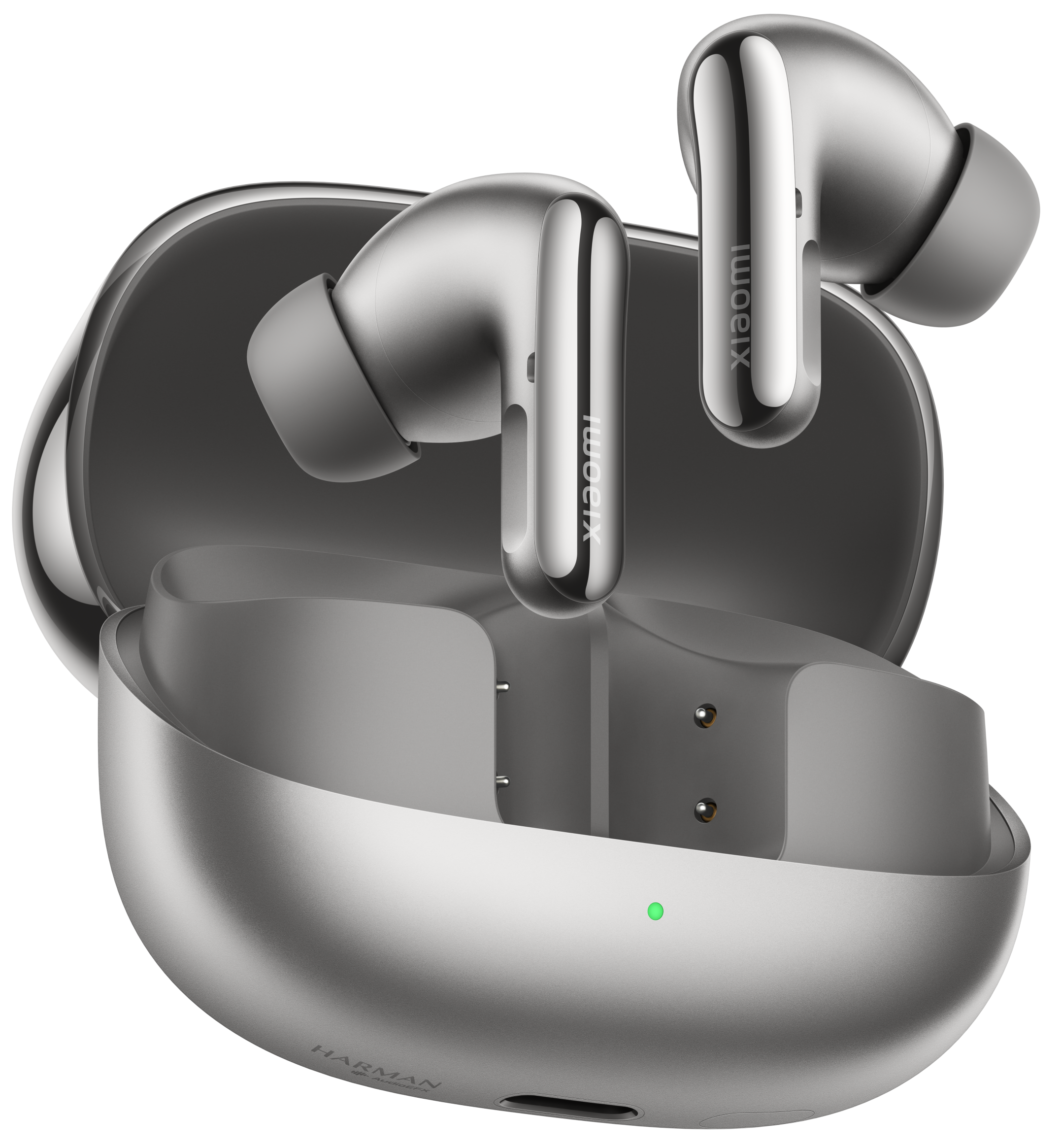 Srebrne słuchawki i etui ładujące. Widoczna marka 'Xiaomi'.