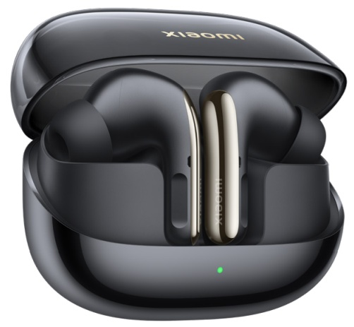 Para czarnych słuchawek Xiaomi w etui ładującym, ze zielonym światłem.