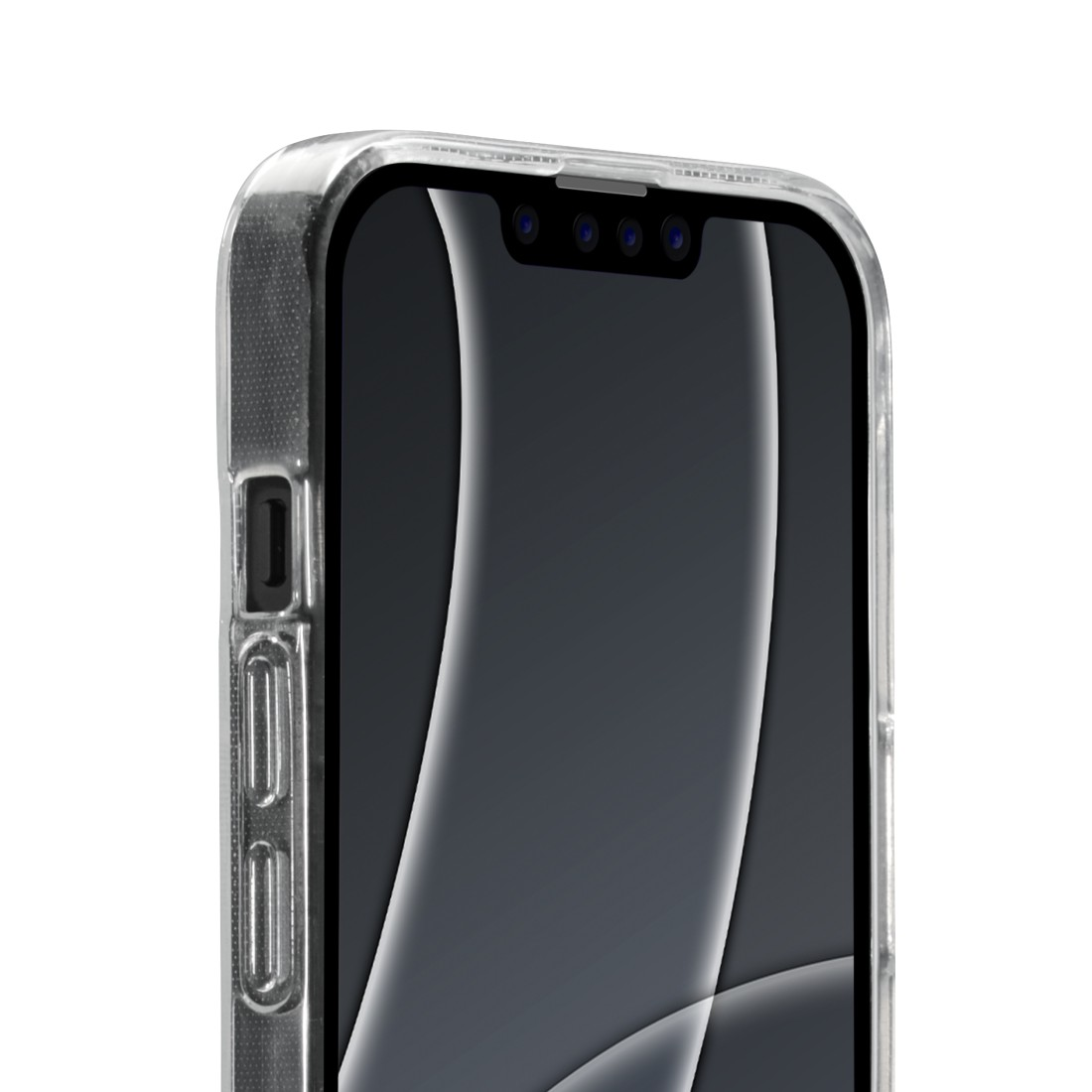 Nahaufnahme eines Telefonbildschirms in einer transparenten Hülle. Ein schwarzer Bildschirm mit Notch ist sichtbar.