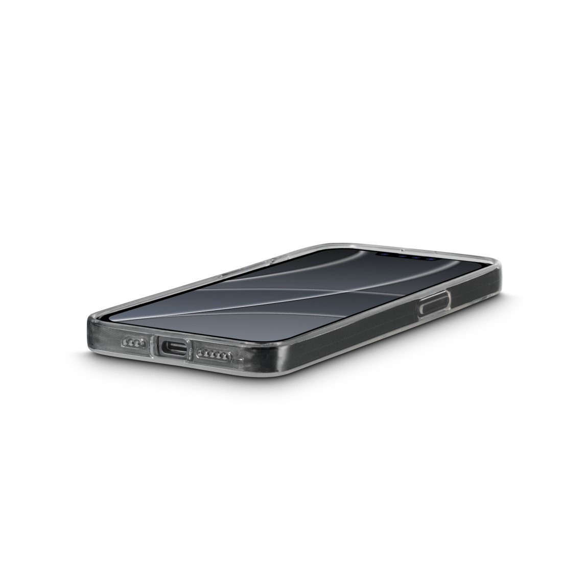 Ein Smartphone in einer transparenten Hülle auf weißem Hintergrund. Das Telefon ist leicht abgewinkelt.