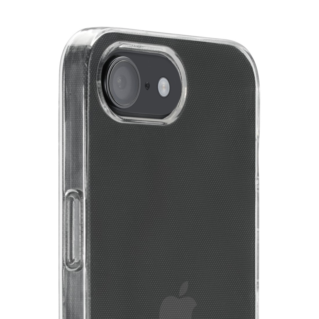 Nahaufnahme einer transparenten Telefonhülle um ein schwarzes Telefon. Die Hülle hat einen Kameraausschnitt und ein Apple-Logo.