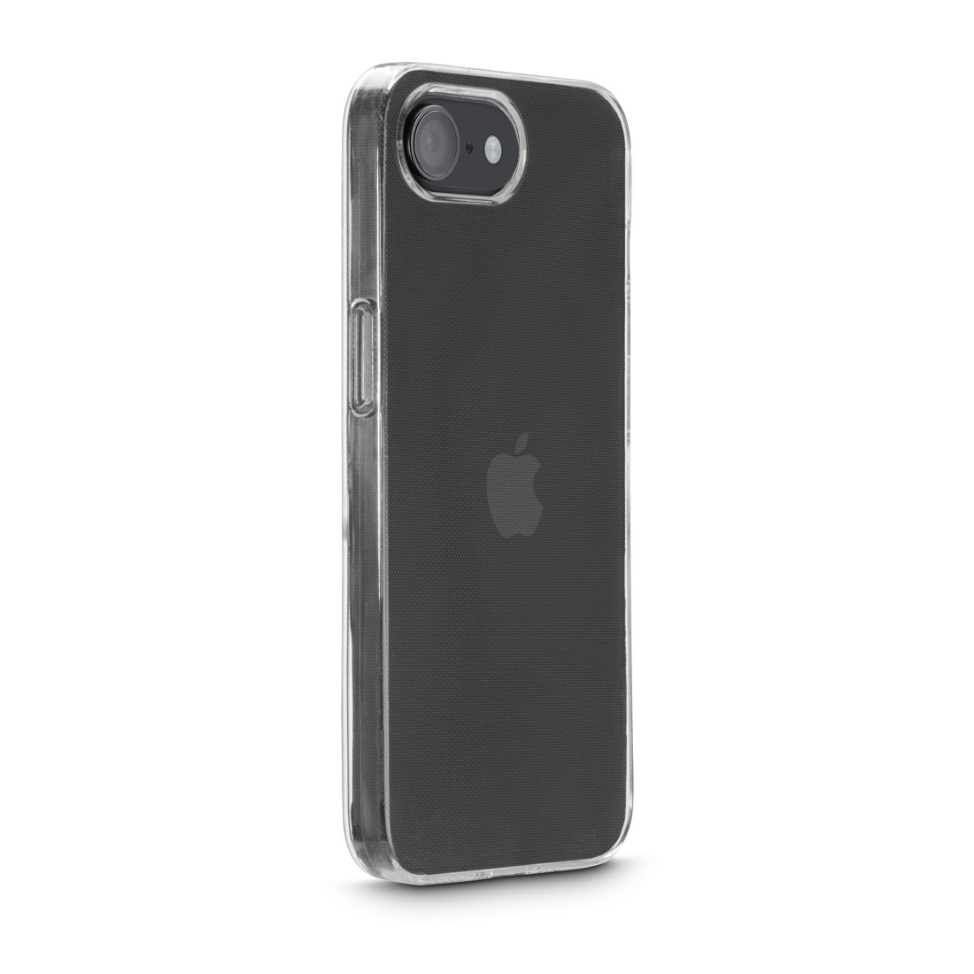 Transparente Handyhülle auf weißem Hintergrund. Die Hülle bedeckt ein Telefon mit Apple-Logo.