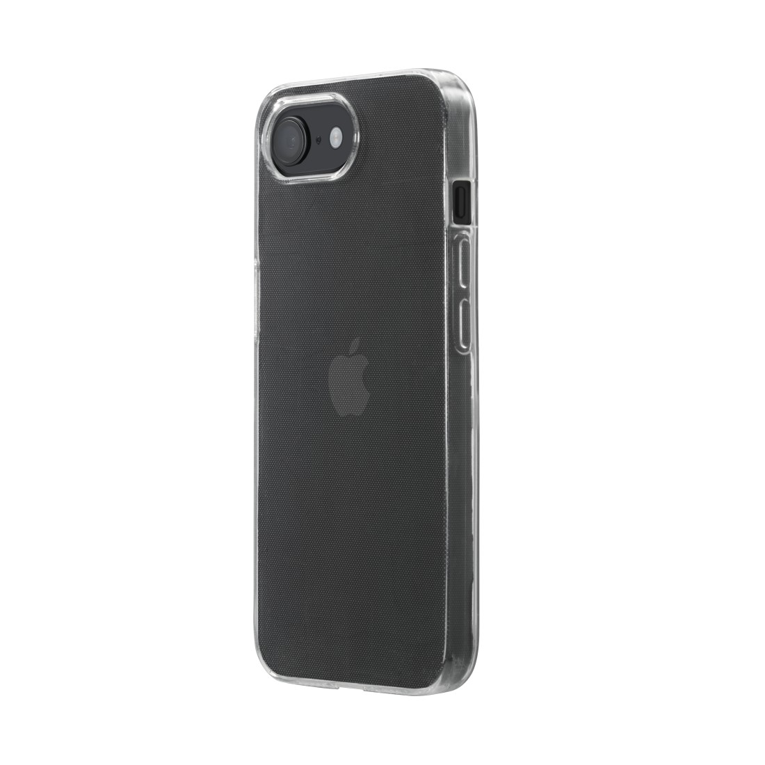 Schwarze Handyhülle, transparente Seiten, schwarze Stoffrückseite, Kamera und Apple-Logo sichtbar. Weißer Hintergrund.