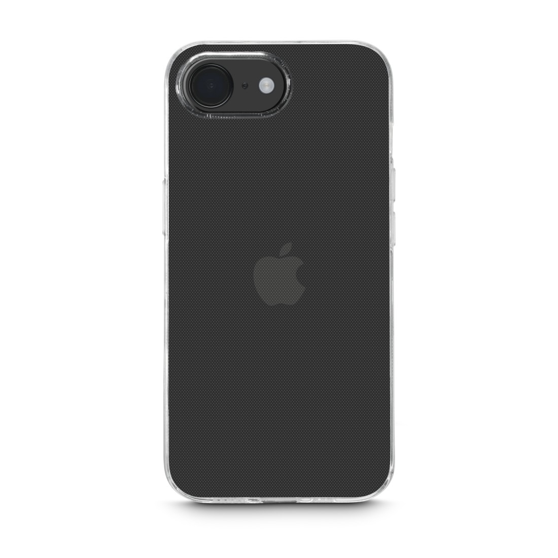 Schwarzes iPhone mit transparentem Case, zeigt das Apple-Logo auf weißem Grund.
