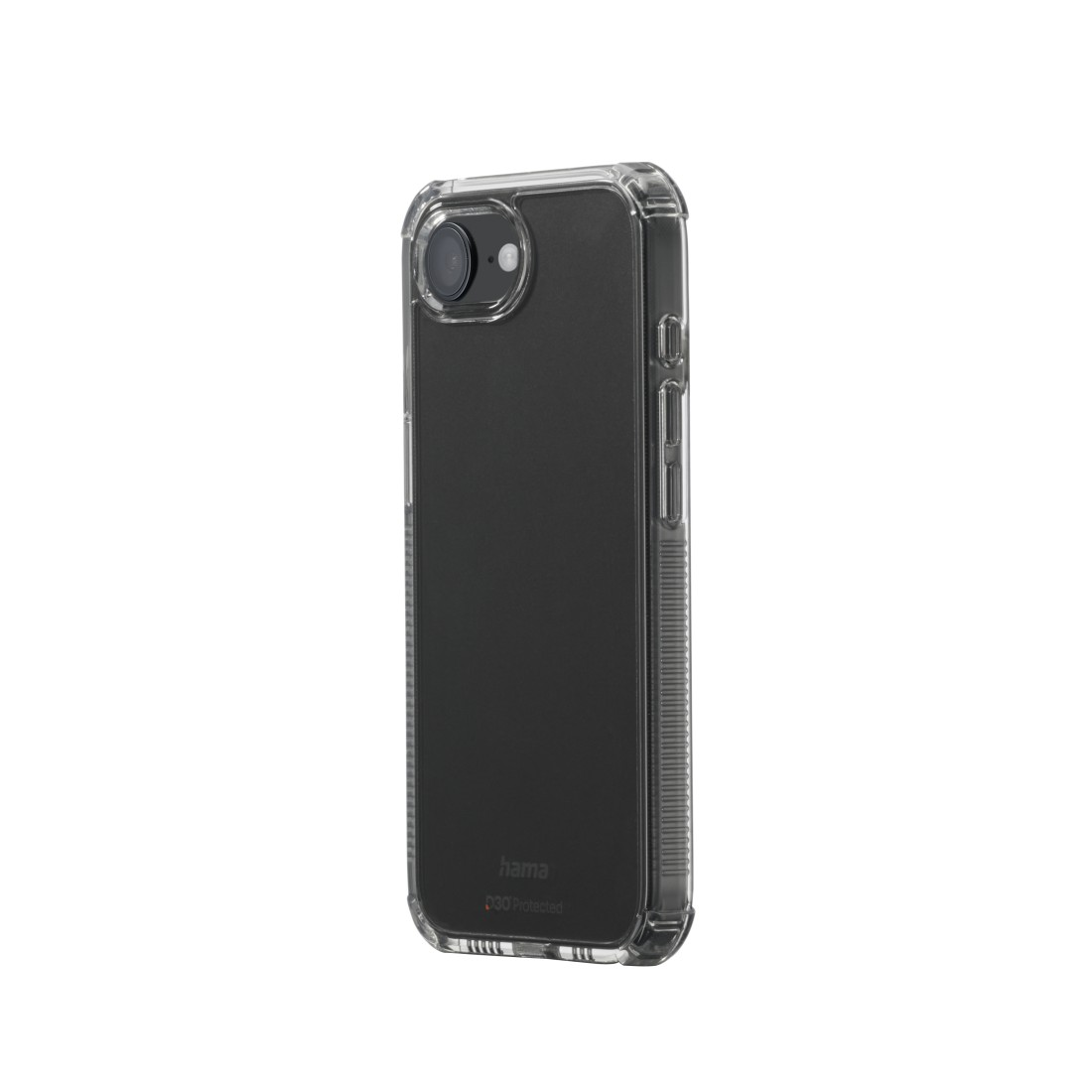 Transparente Smartphone-Hülle mit einem schwarzen Smartphone darin. Weißer Hintergrund.