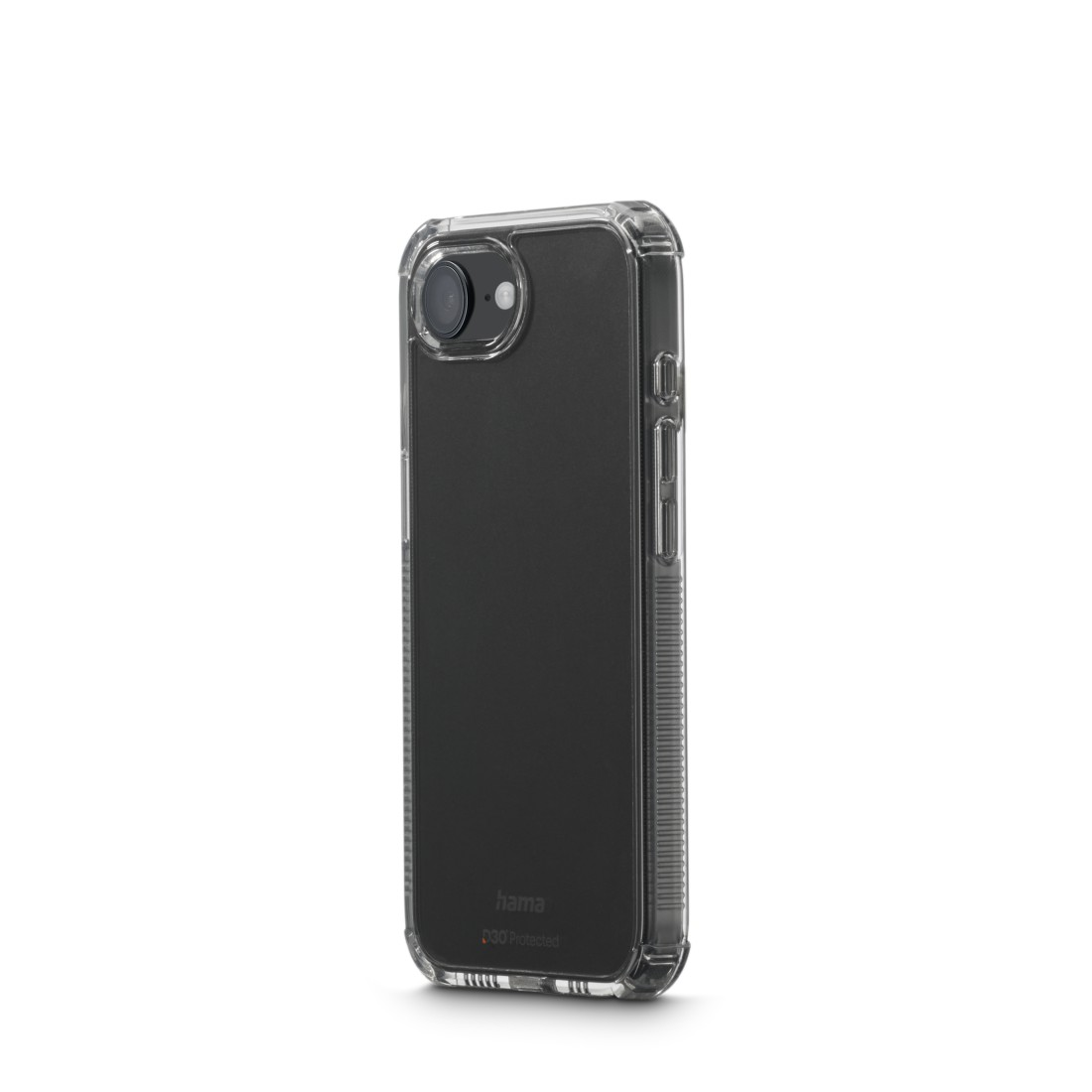 Schwarzes Telefon in einer durchsichtigen Hülle. Kamera und Tasten sind sichtbar.
