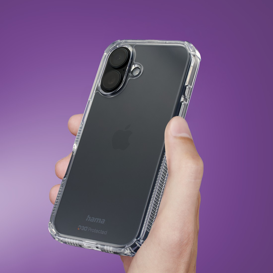 Hand, die eine Handyhülle mit einem Telefon darin hält. Die Hülle ist transparent.