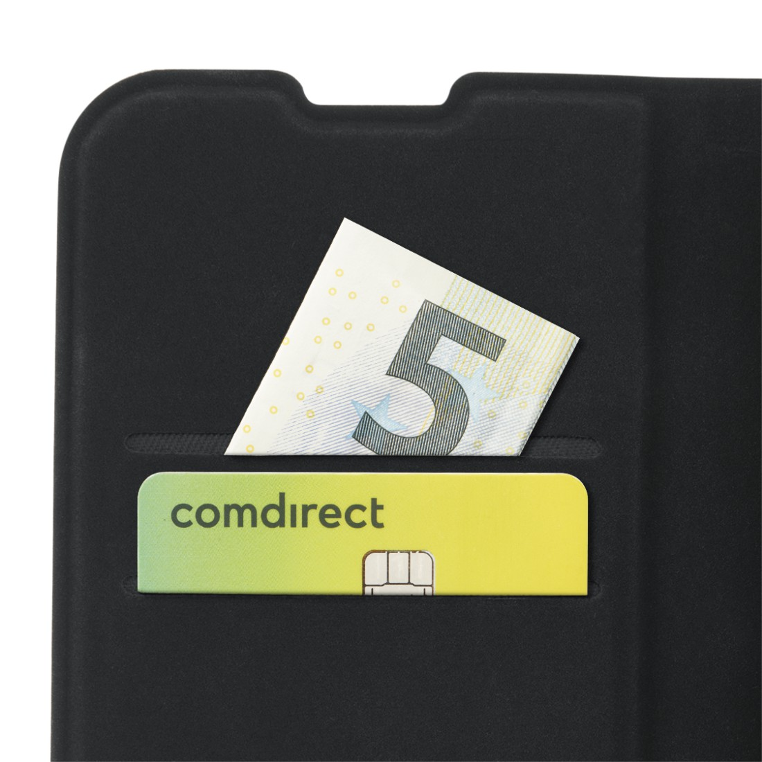 Eine schwarze Handyhülle mit Karte und Geldschein. Die Karte hat das comdirect-Logo.