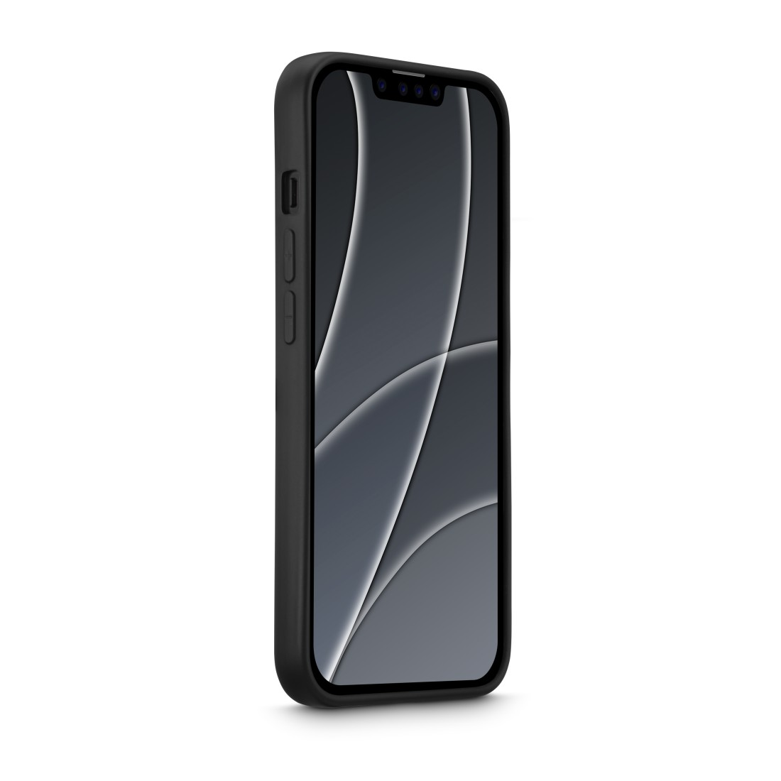Ein schwarzes Telefon mit schwarzem Gehäuse wird gezeigt. Der Bildschirm zeigt ein dunkles, abstraktes Hintergrundbild.