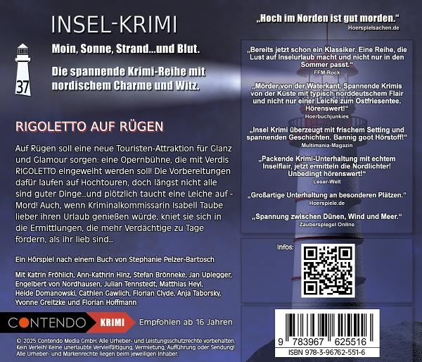 Ein Hörbuchcover mit Text über die Fernsehserie 'Insel-Krimi' auf weißem Hintergrund.