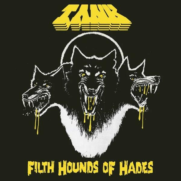 Albumcover für 'Filth Hounds of Hades' von Tank, mit drei knurrenden Hundeköpfen.