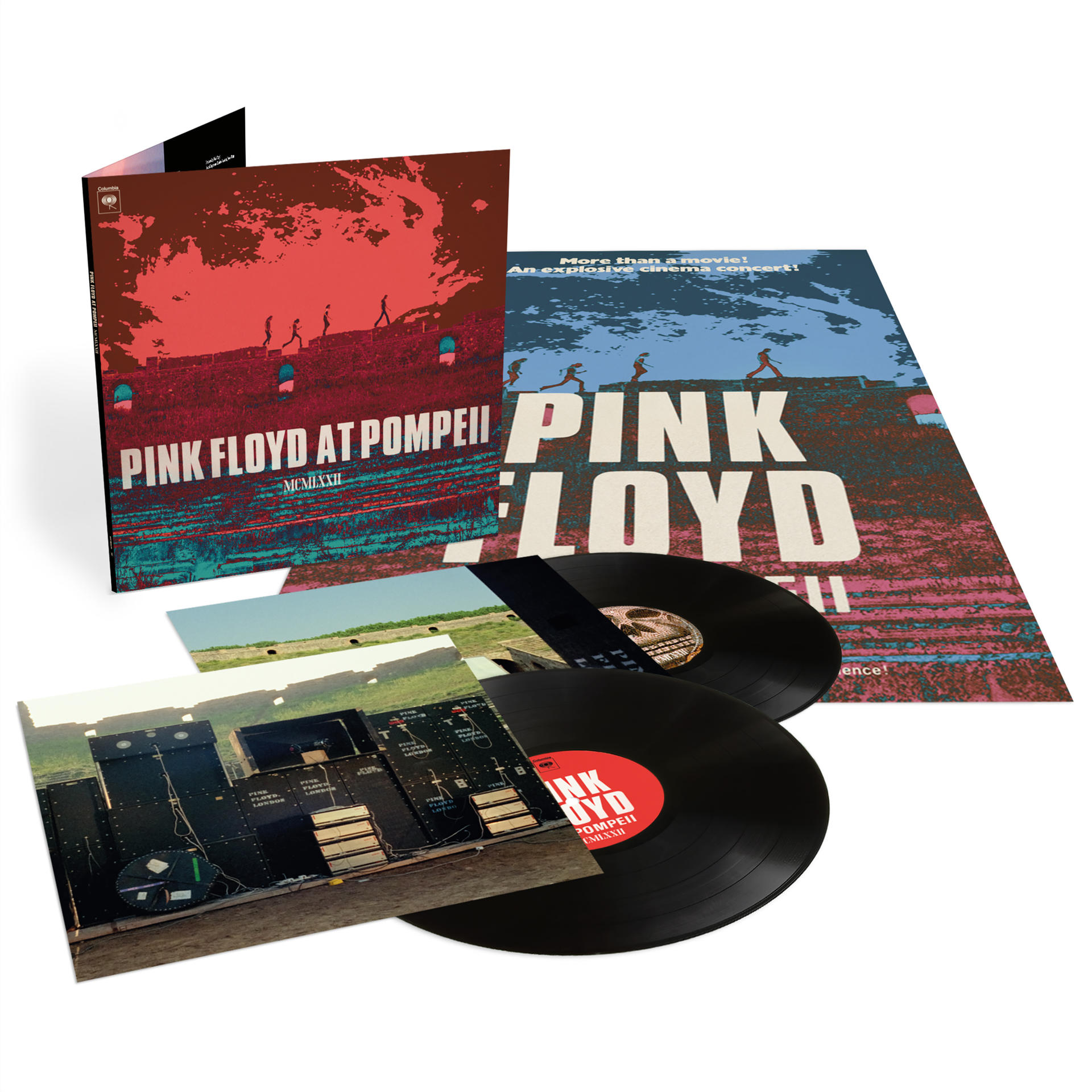 Pochette de l'album Pink Floyd at Pompeii. Deux disques vinyles également.