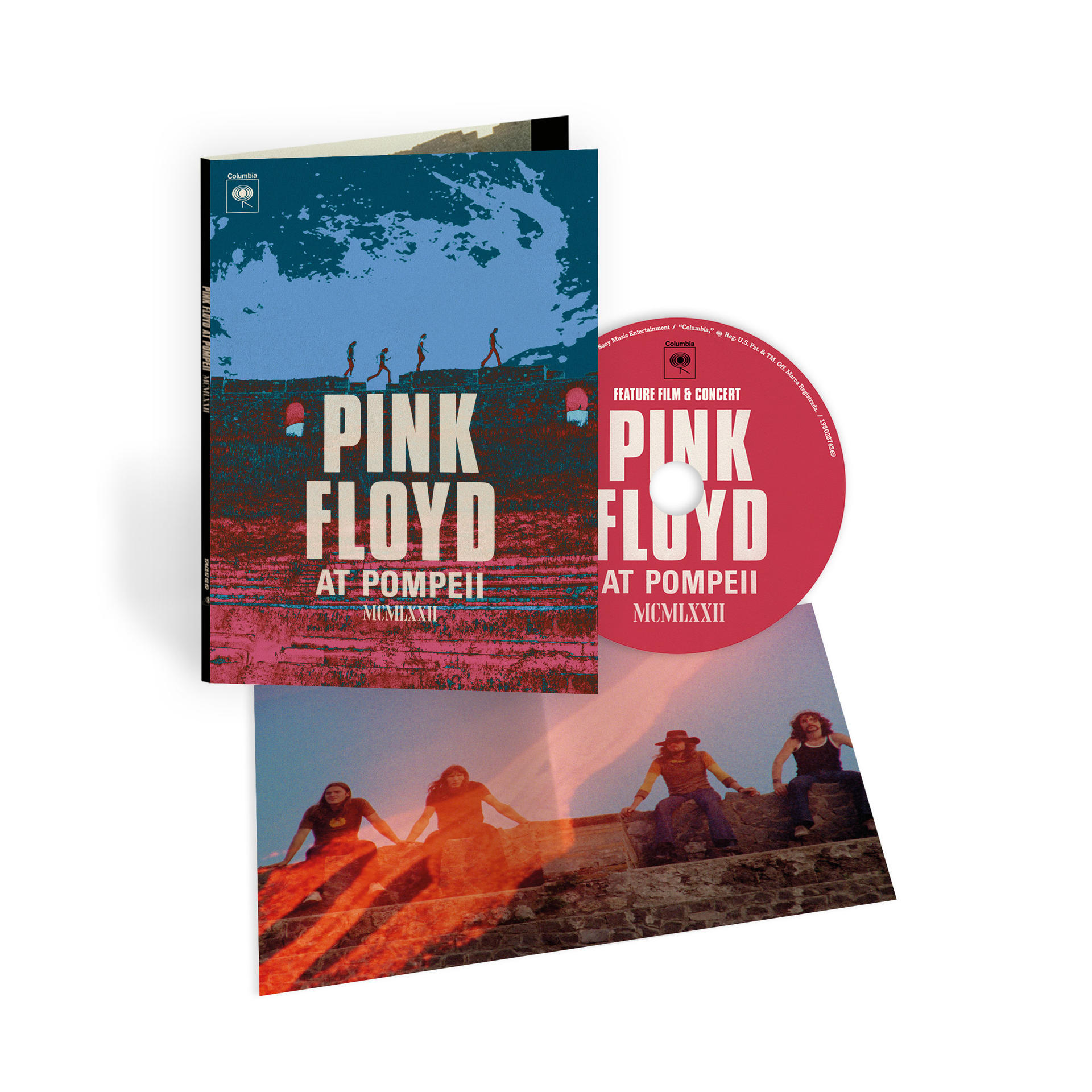 Pink Floyd album cover and CD, with band members on a stage.