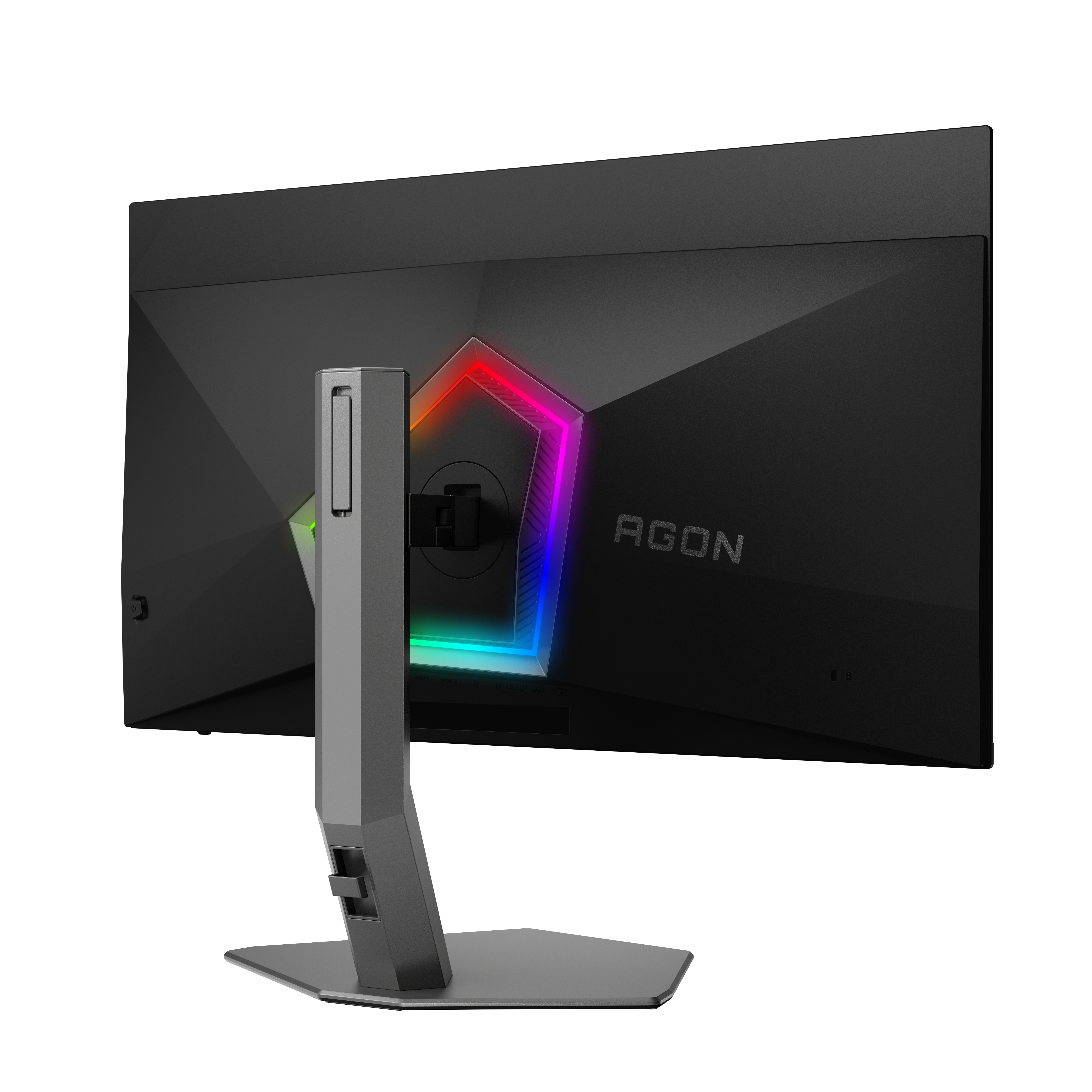 Die Rückseite eines schwarzen Gaming-Monitors mit RGB-Beleuchtung und Ständer.