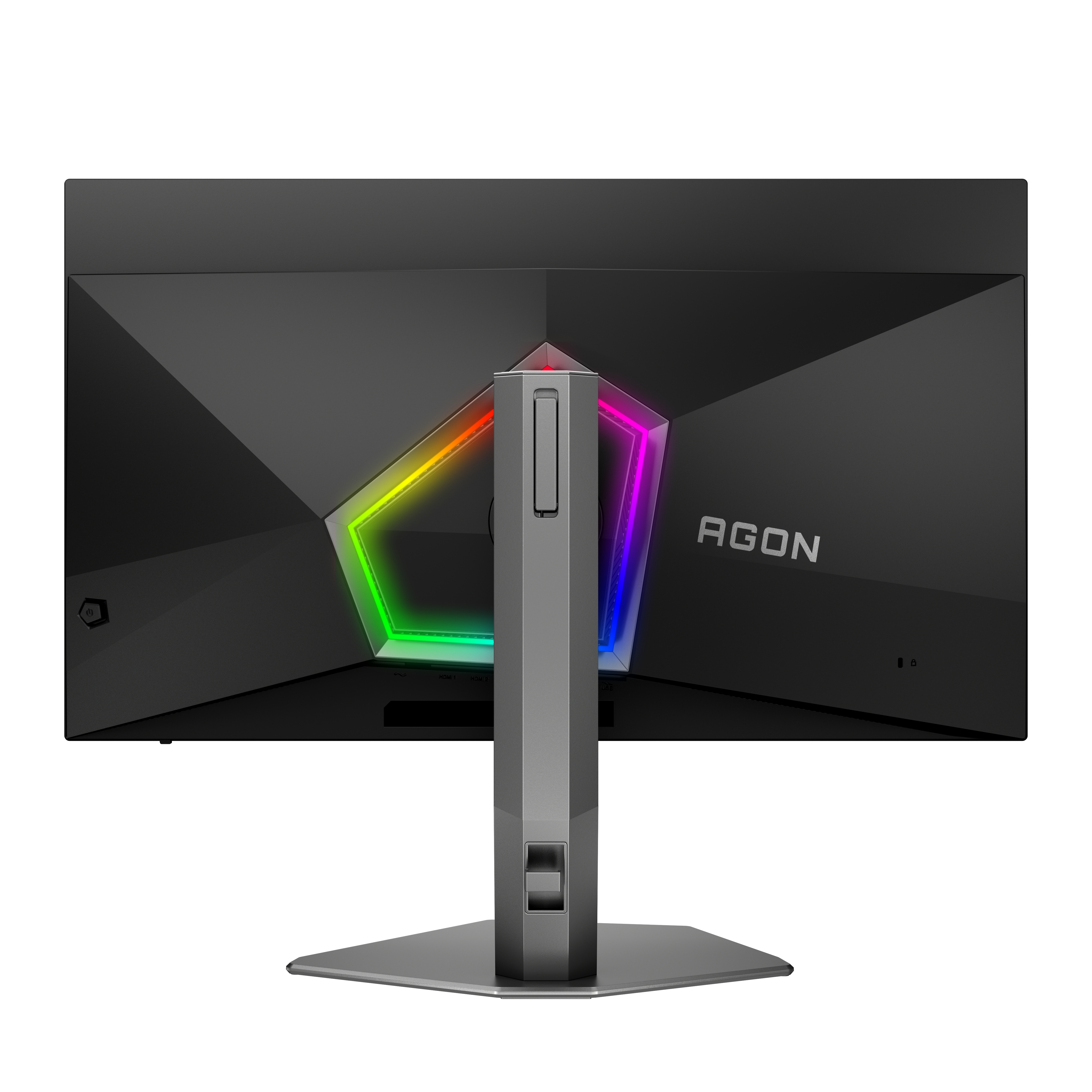 Rückseite eines schwarzen Monitors mit farbigem, fünfeckigem Lichtdesign und AGON-Logo.