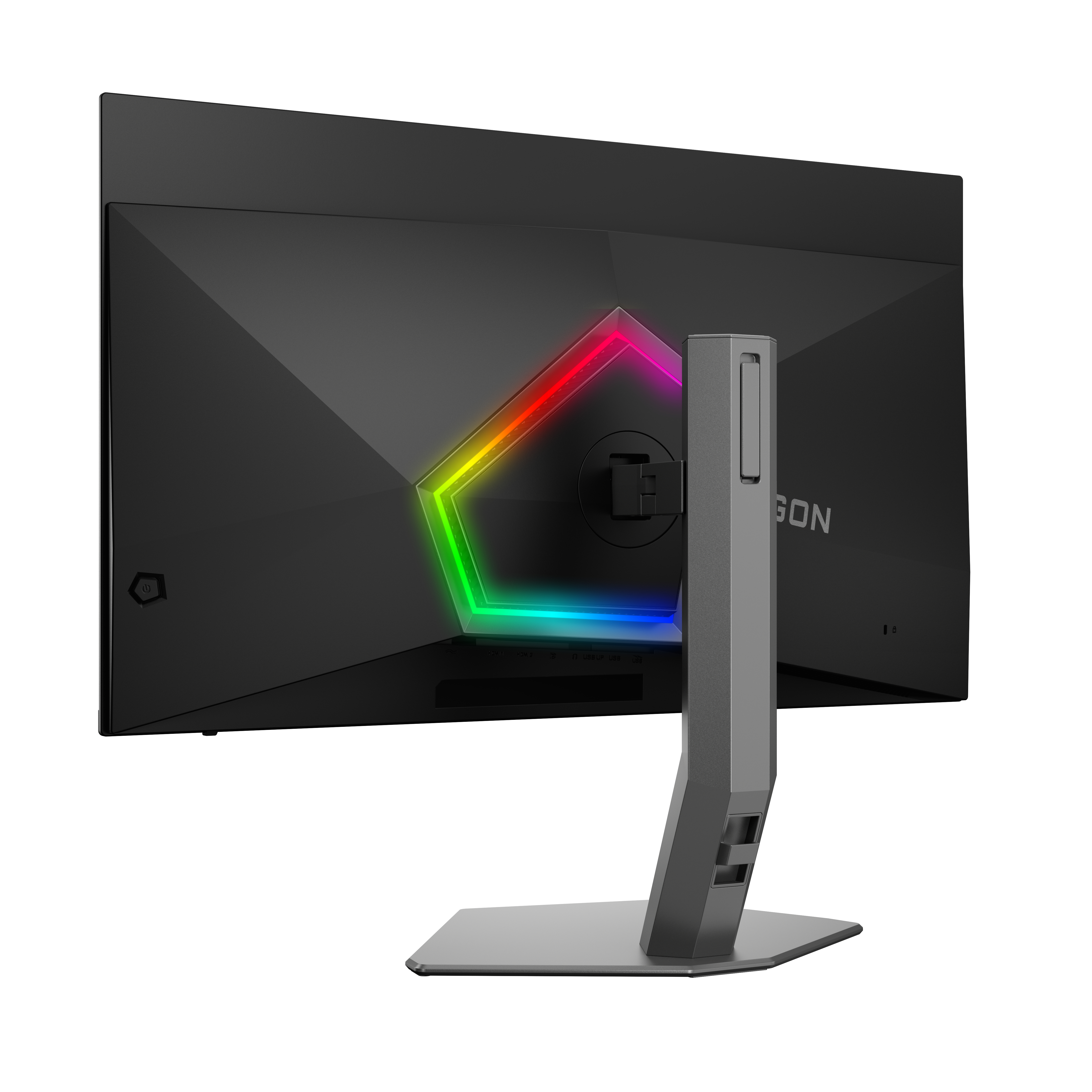 Rückseite des schwarzen Monitors mit RGB-Beleuchtung, silbernem Ständer und weißem Hintergrund.