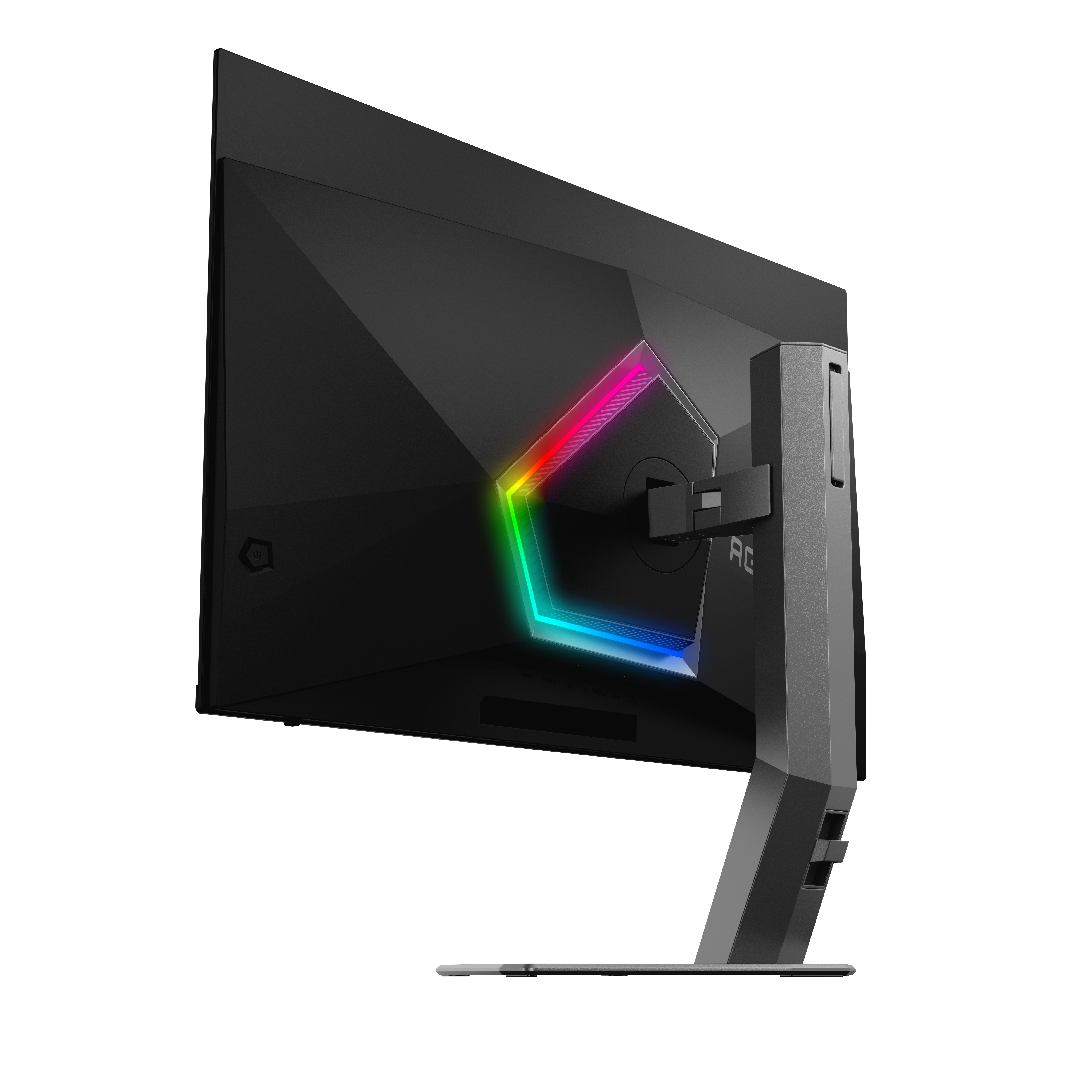 Die Rückseite eines schwarzen Monitors mit einem RGB-Lichtstreifen um den Rand. Der Hintergrund ist weiß.
