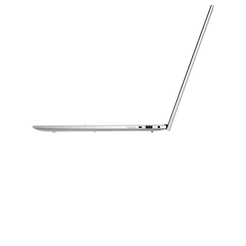 Seitenansicht eines silbernen Laptops, mit weißem Hintergrund.