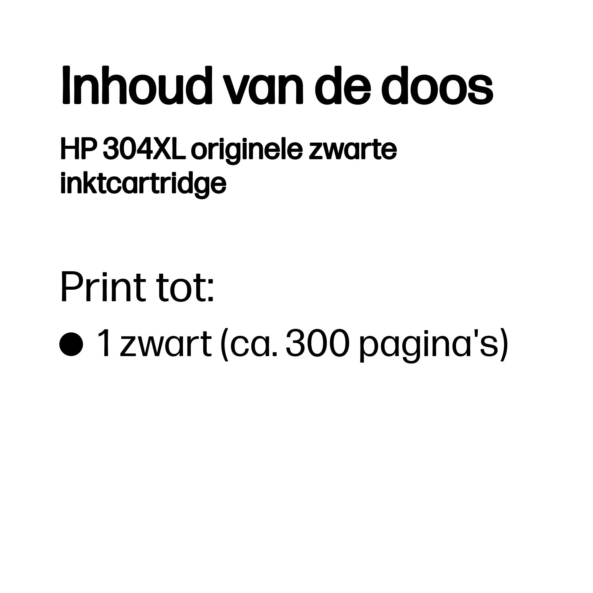 Texte sur fond blanc: Cartouche HP 304XL, 1 cartouche noire imprime environ 300 pages.