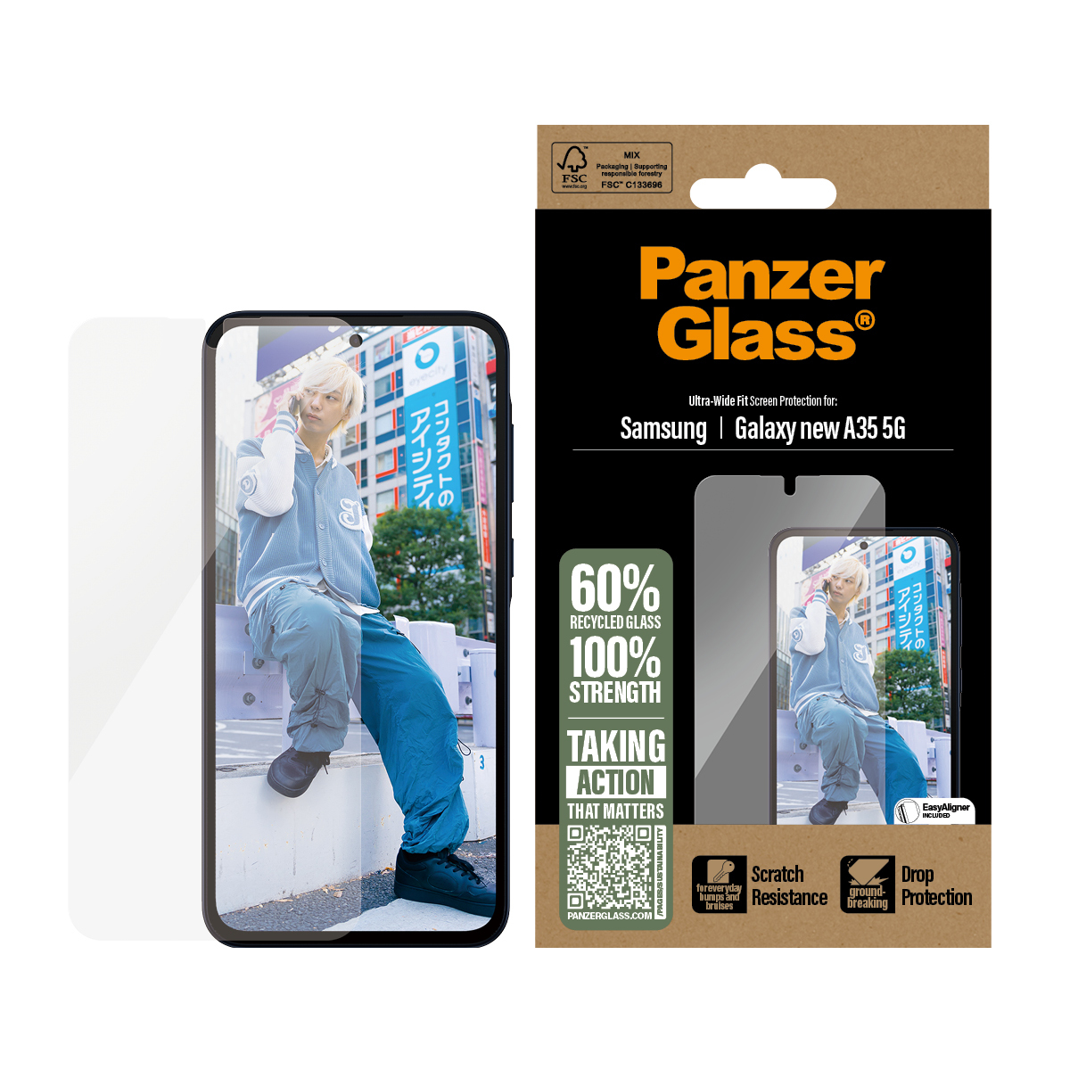 Téléphone avec protecteur d'écran. Publicité : PanzerGlass. Montre téléphone et personne.