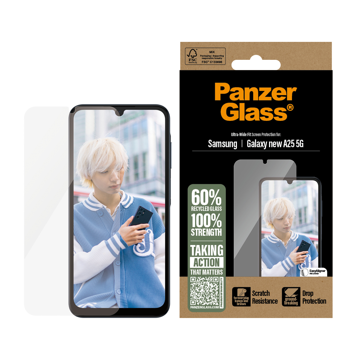 Boîte de protection d'écran de téléphone avec un téléphone et une personne sur l'écran.